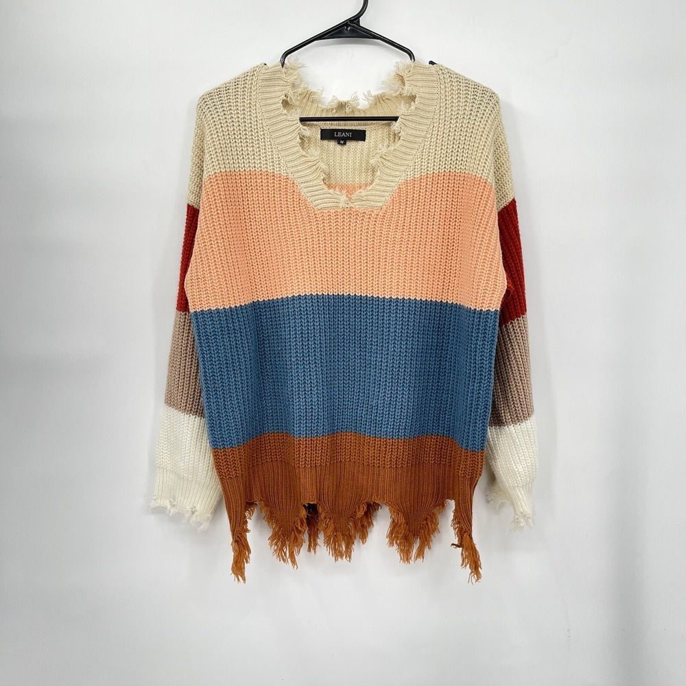 LEANI Womens Colorblock Distressed Chunky Knit‎ Sweater V-Neck Striped Medium